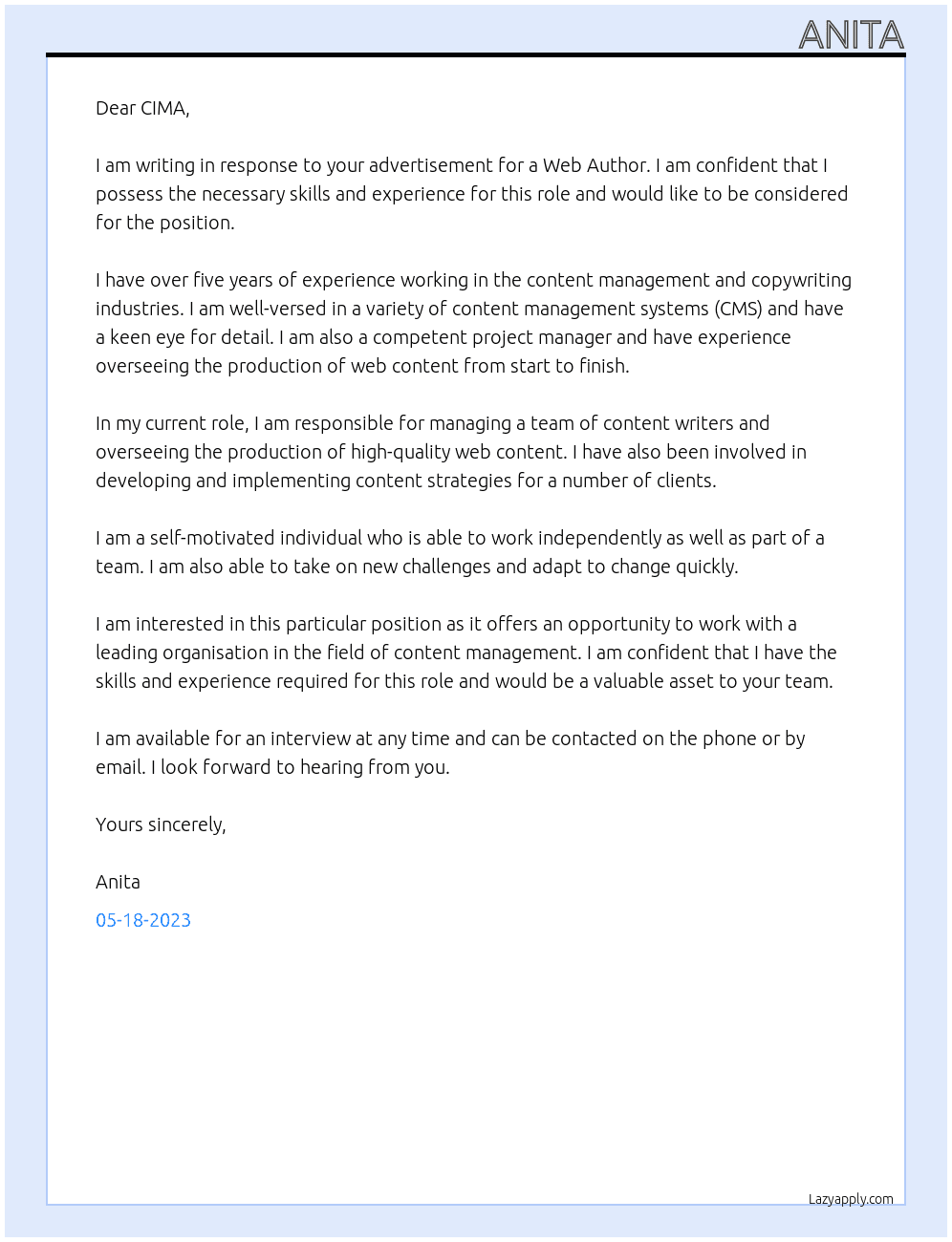 Web Author At CIMA Cover Letter