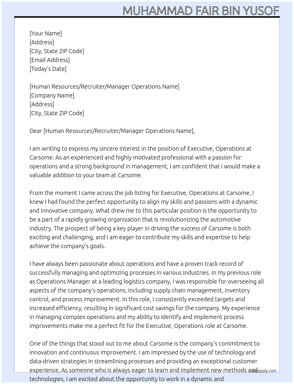 Executive,  operations  At Carsome Cover Letter