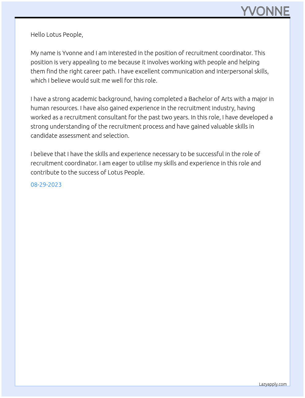 recruitment coordinator At Lotus People Cover Letter