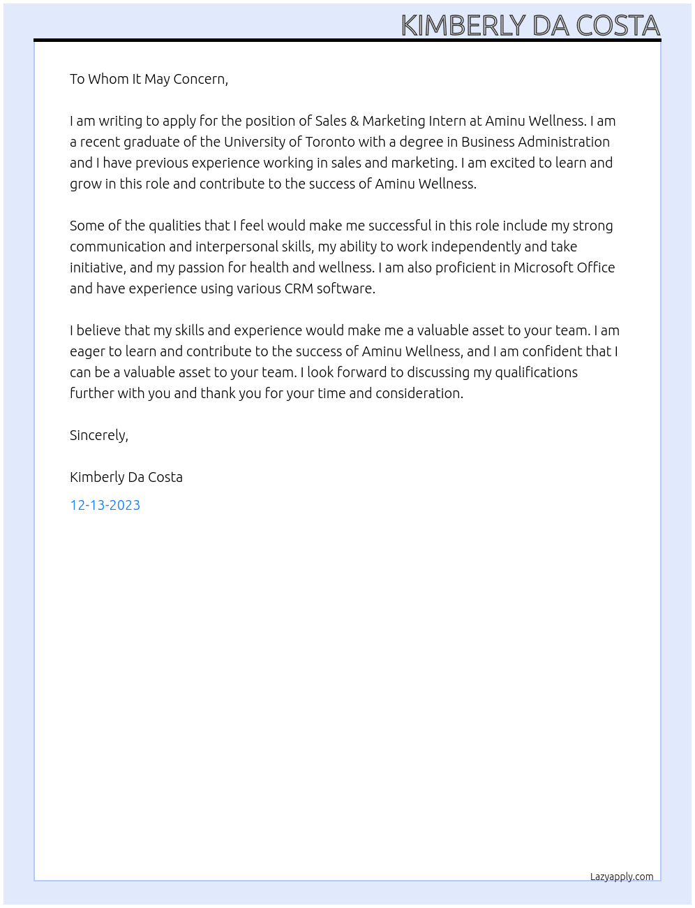 Sales & Marketing Intern  At Aminu Wellness Cover Letter
