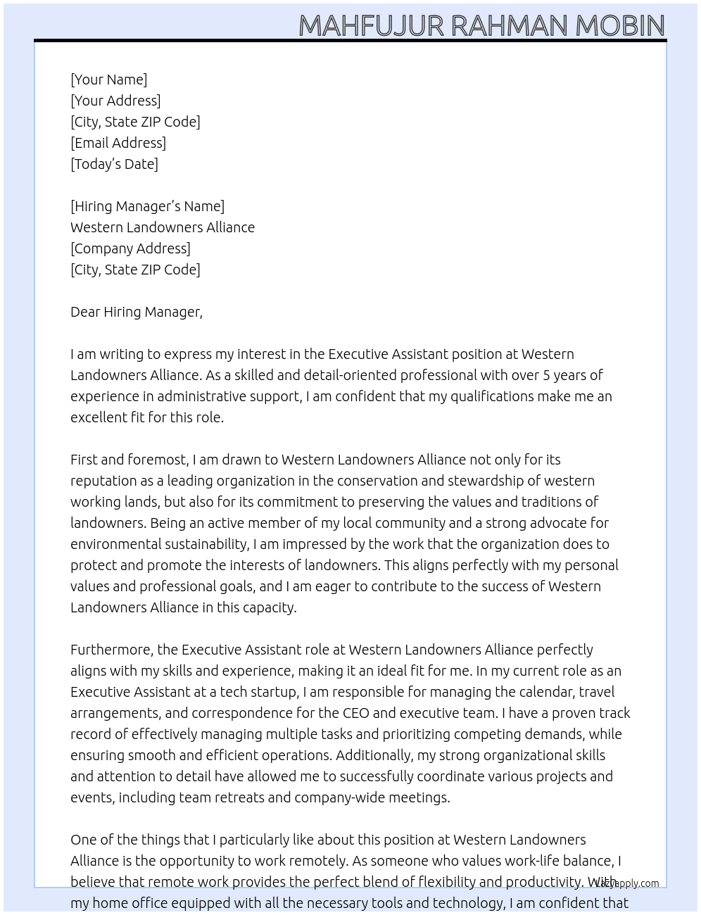 Executive Assistant At Western Landowners Alliance Cover Letter