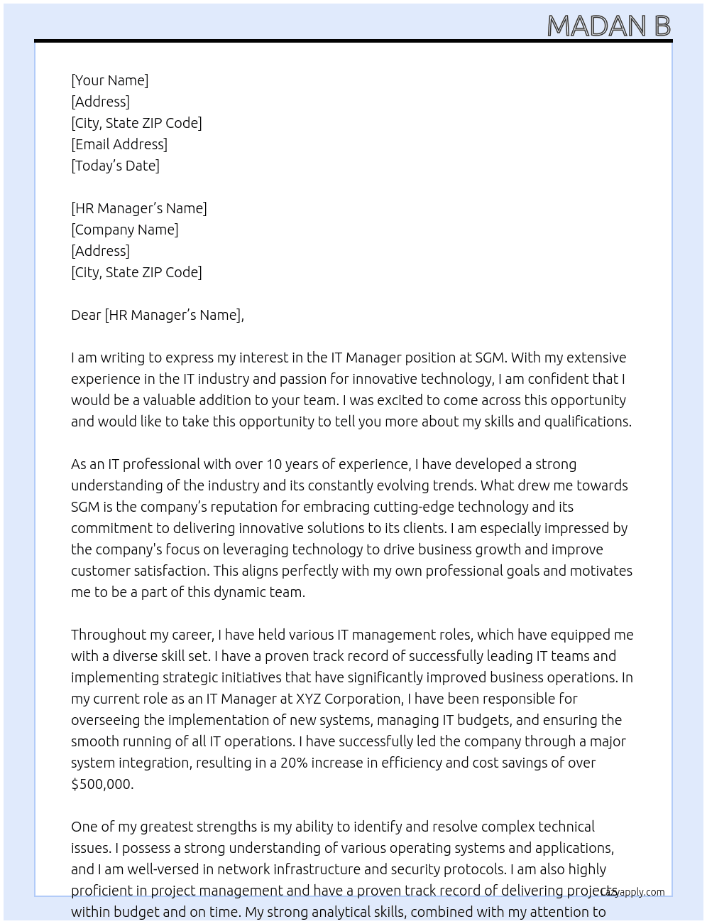 IT manager  At SGM Cover Letter