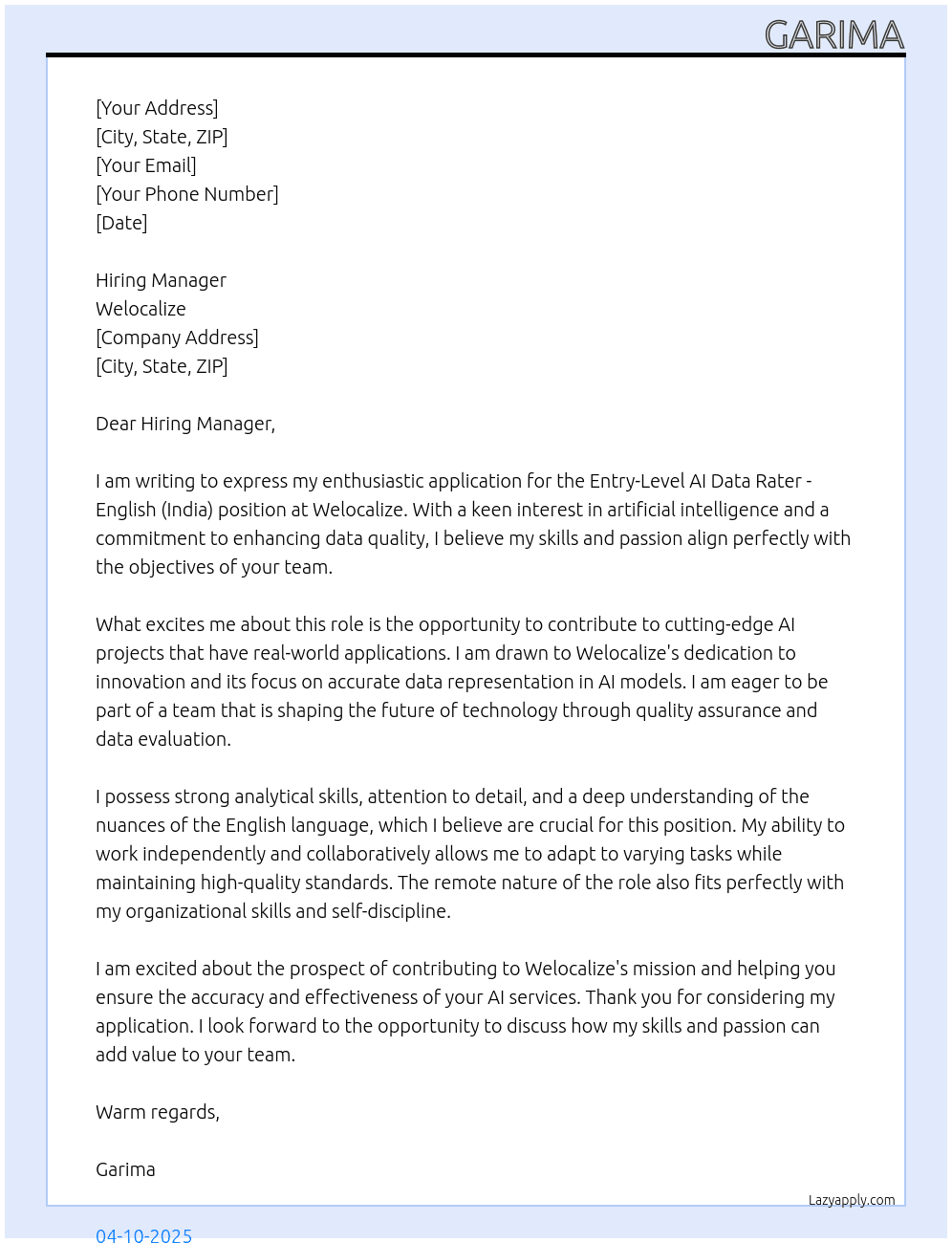 Entry-Level AI Data Rater - English (India) IndiaWelo Data - AI Services –Remote At welocalize Cover Letter