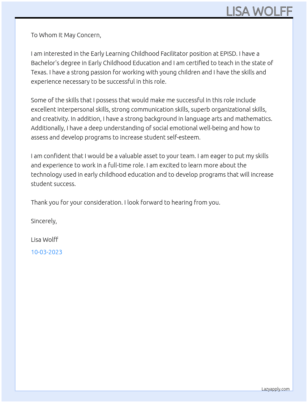 Early Learning childhood facilitator At EPISD Cover Letter