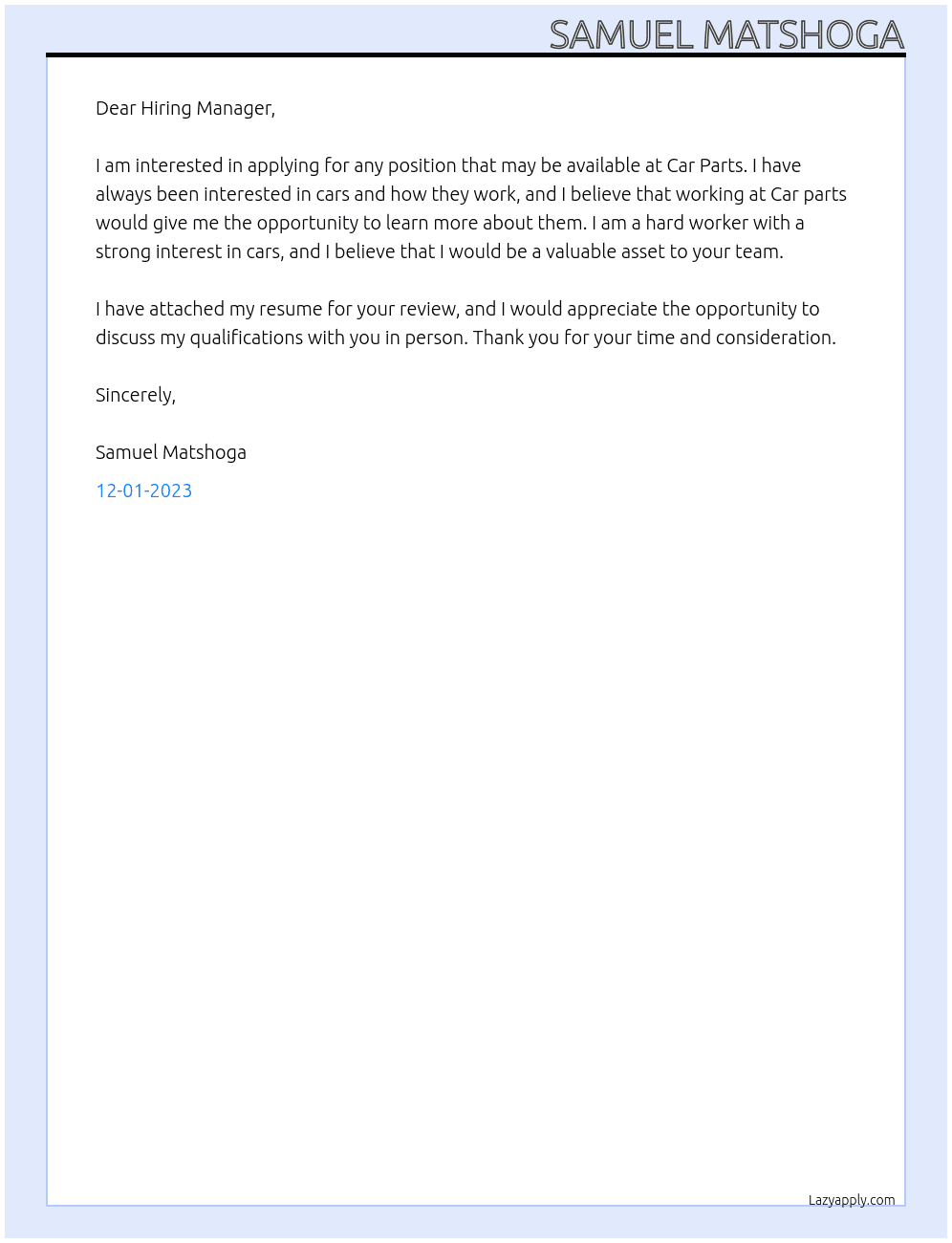 Any position  At Car parts Cover Letter