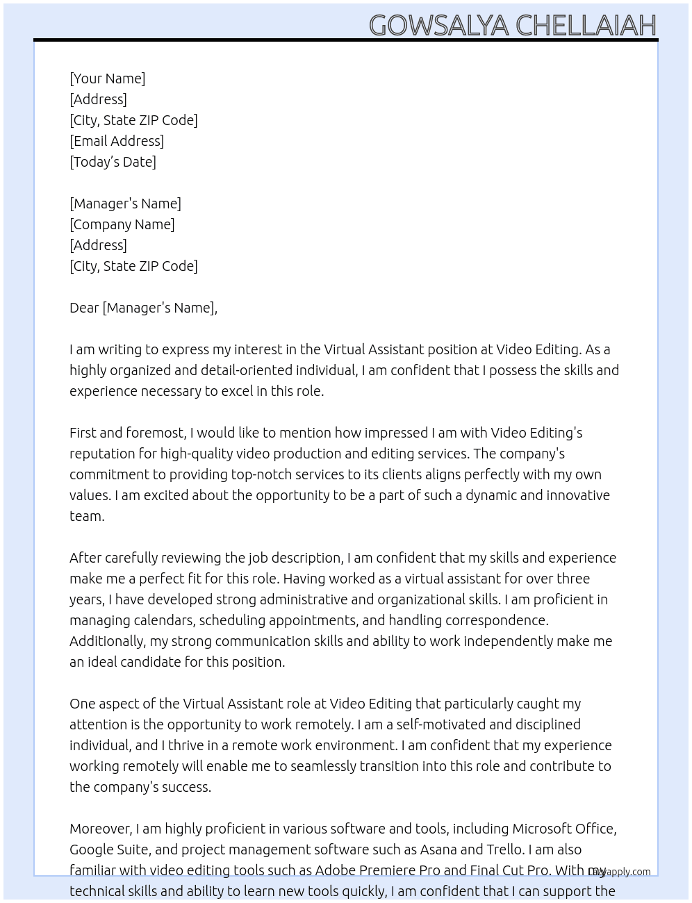Virtual assistant  At Video Editting  Cover Letter