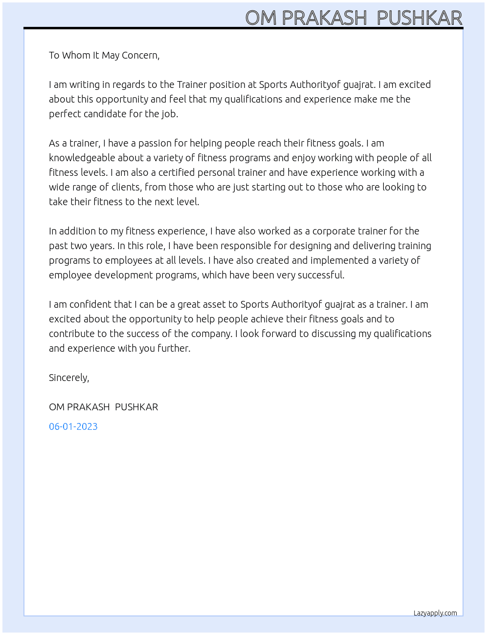 trainer At Sports Authorityof guajrat Cover Letter