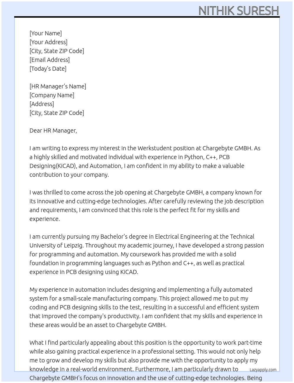 Werkstudent At Chargebyte GMBH Cover Letter
