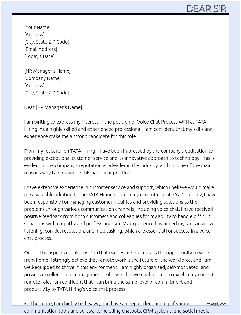 Voice Chat Process WFH At TATA Hiring  Cover Letter