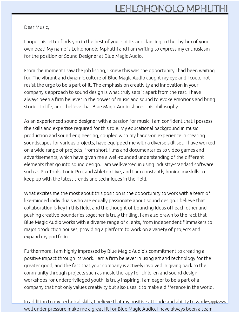 Sound Designer  At Blue Magic Audio Cover Letter