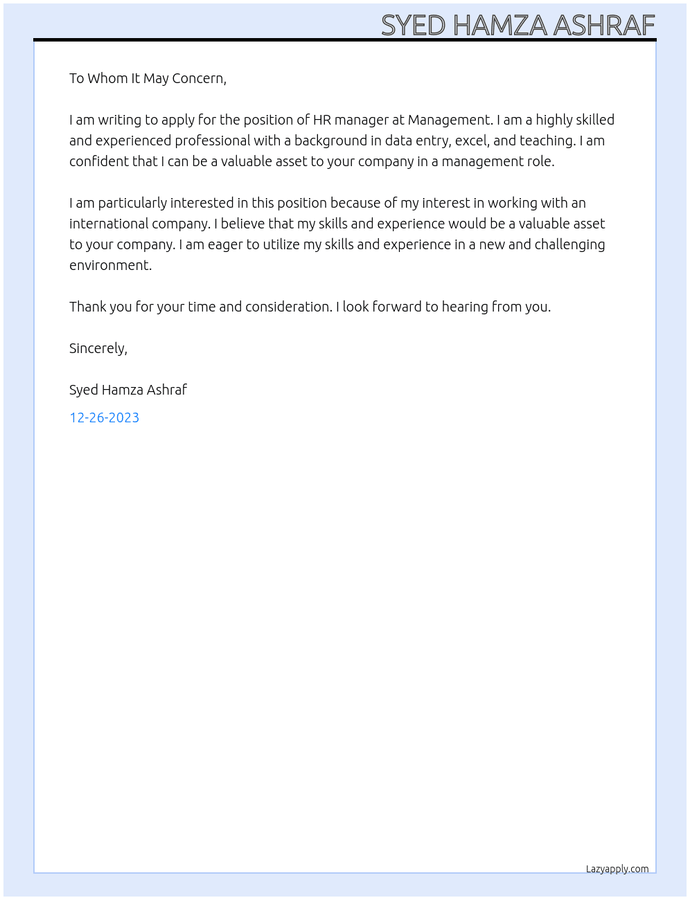 Professional At Management Cover Letter