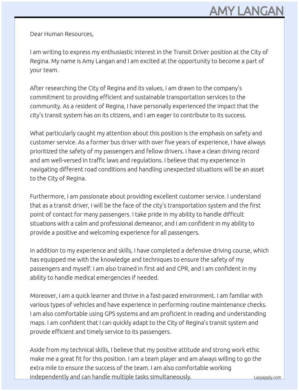 Transit driver  At City of regina  Cover Letter