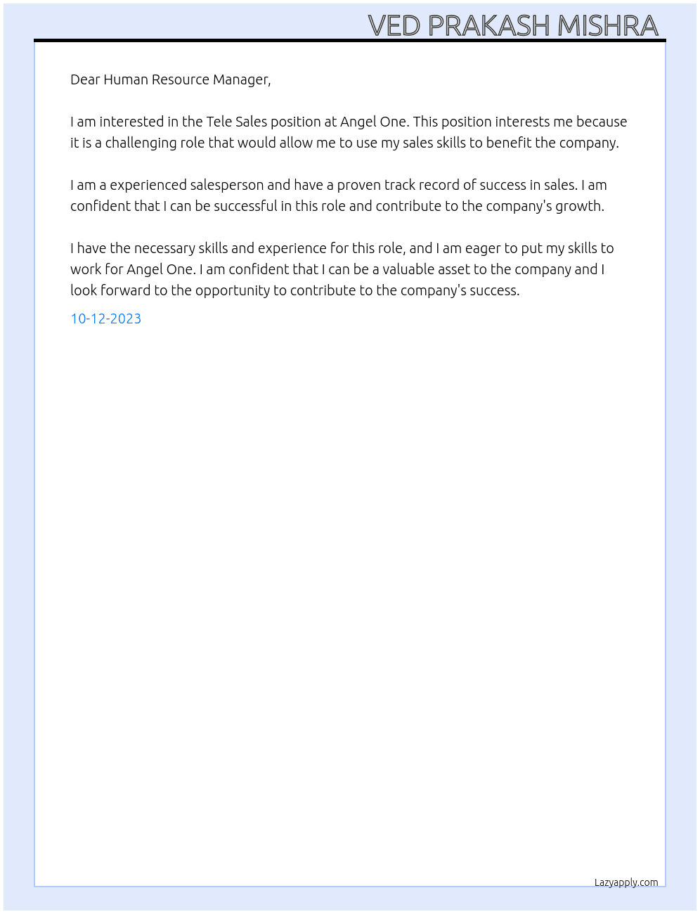Tele Sales  At Angel One Cover Letter