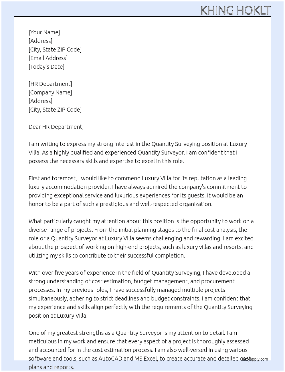 Quantity Surveying At Luxury Villa Cover Letter