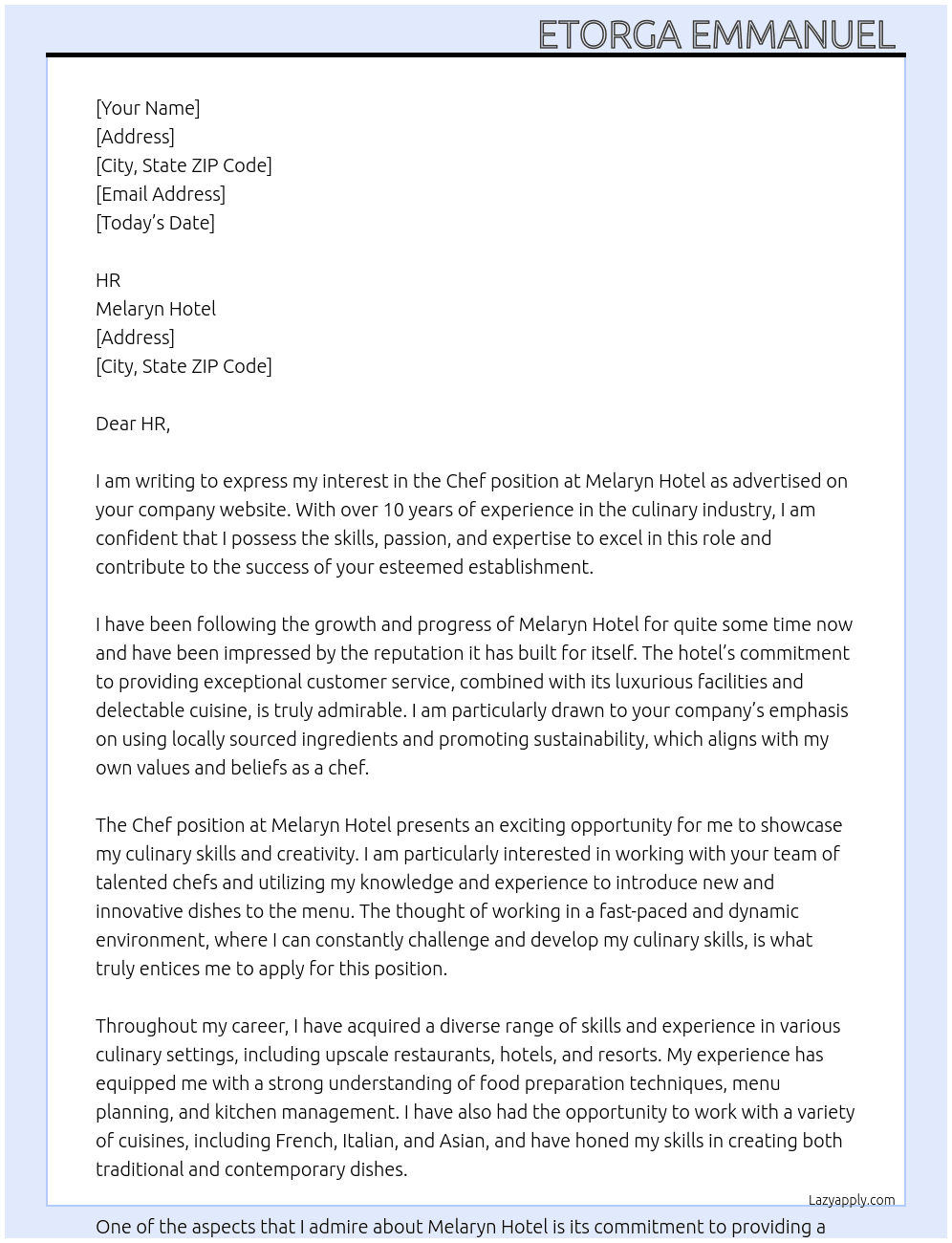 Chef  At Melaryn Hotel  Cover Letter