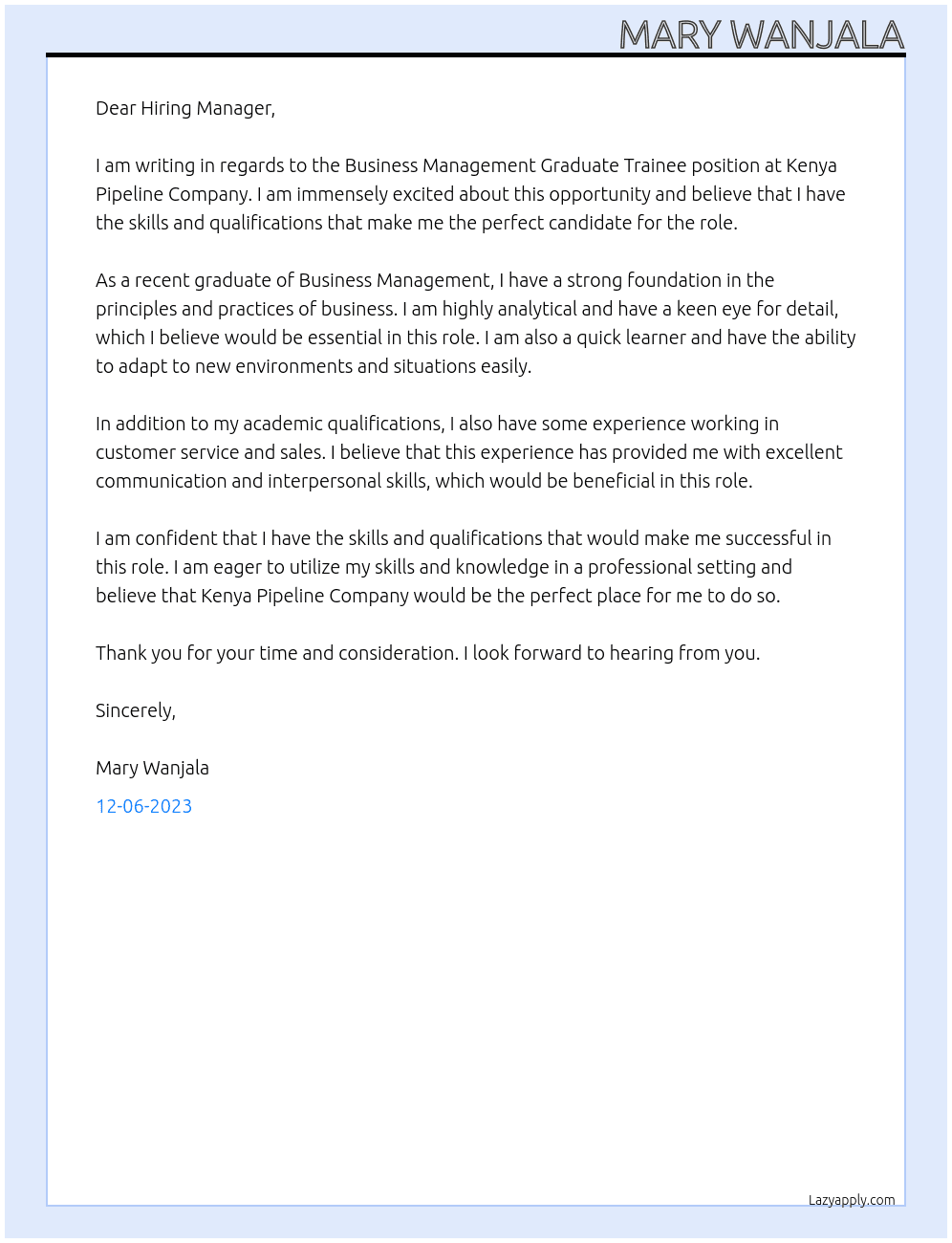 BUSINESS MANAGEMENT  GRADUATE TRAINEE At Kenya Pipeline Company Cover Letter