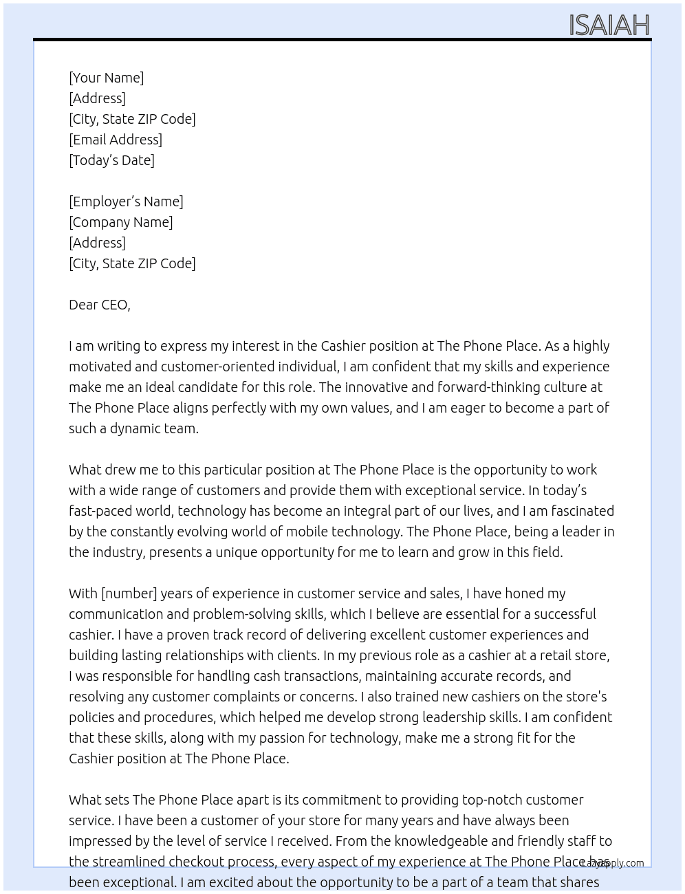 Cashier At The Phone Place Cover Letter