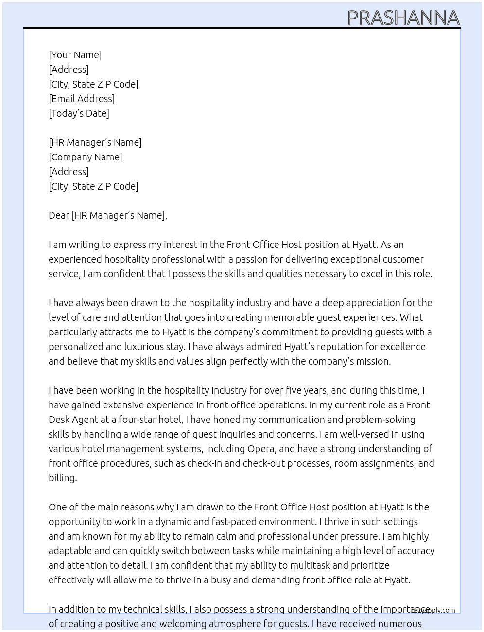 Front office host At Hyatt  Cover Letter