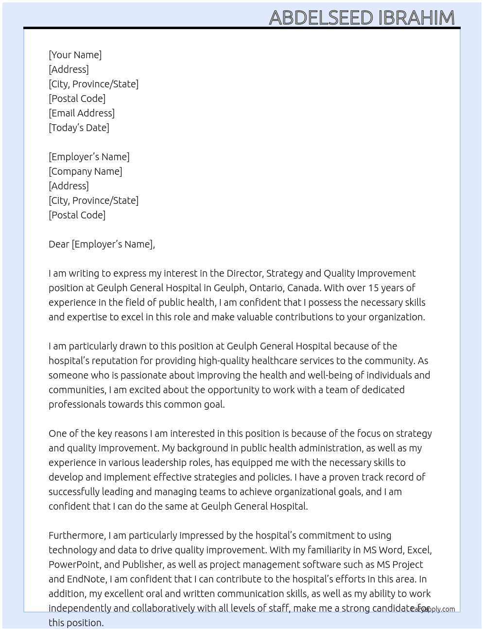 Director, Strategy and Quality Improvement At Geulph General Hospital Geulph, Ontario, Canada  Cover Letter