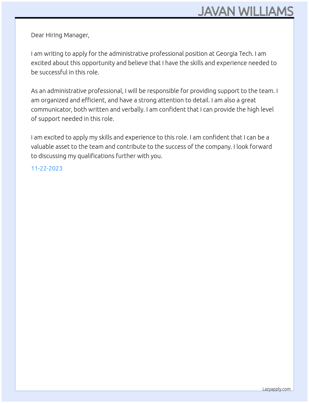 administrative professional At Georgia Tech Cover Letter