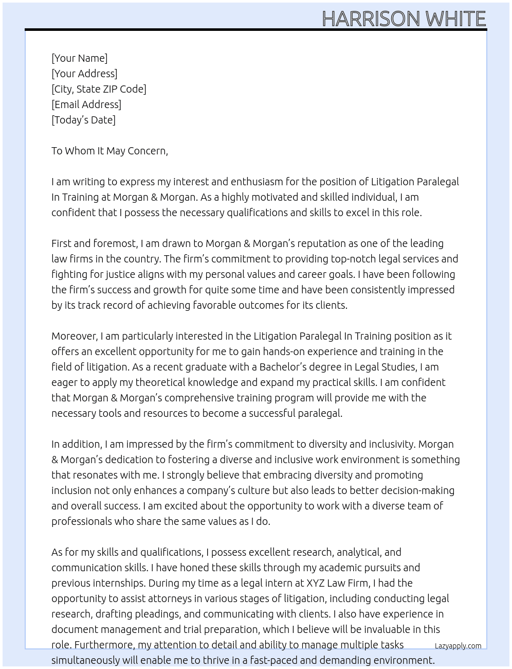 Cover letter for litigation paralegal in training - LazyApply