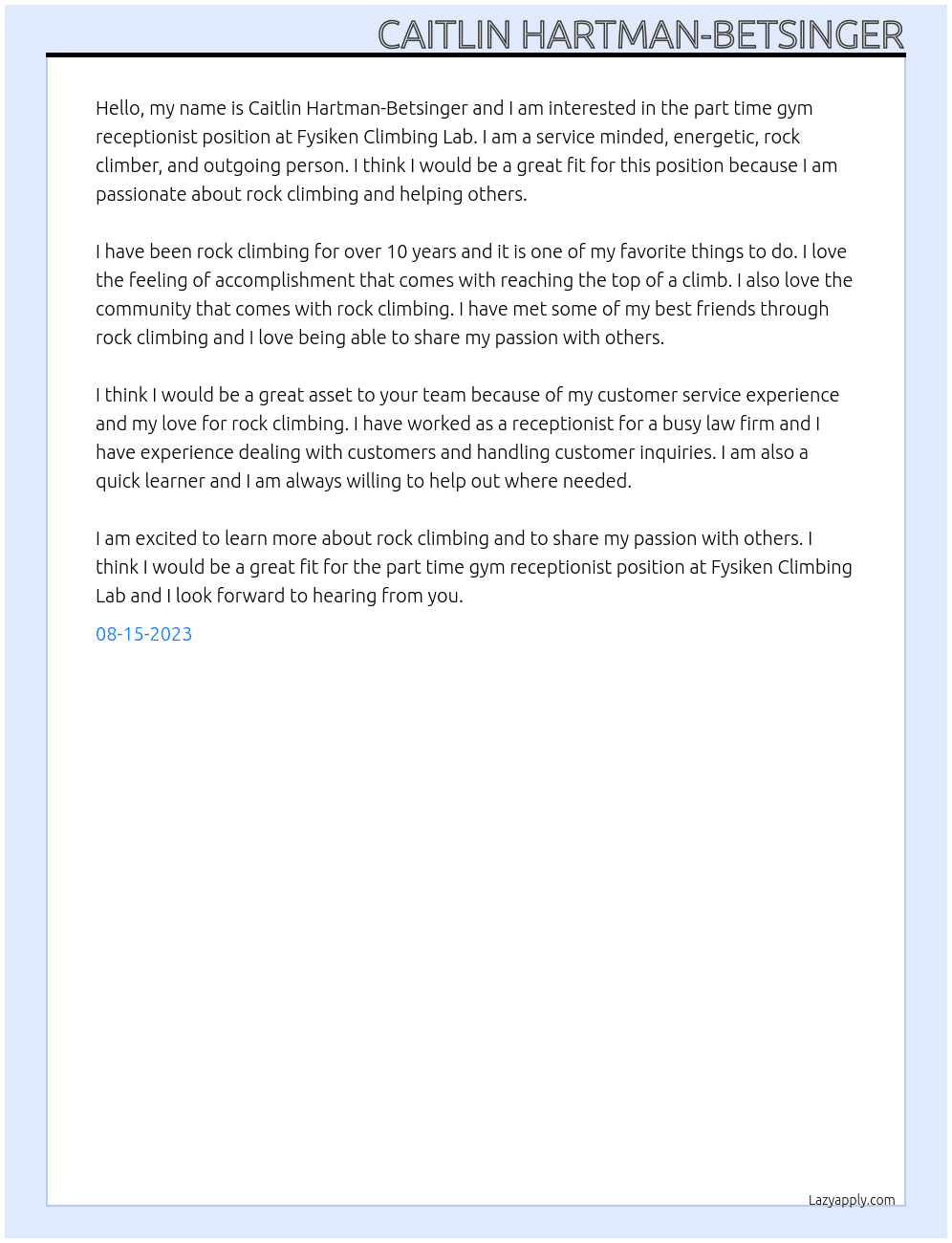 gym receptionist At Fysiken Climbing Lab Cover Letter