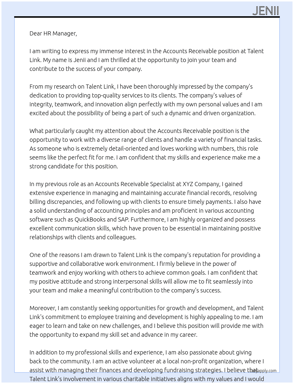Accounts receivable  At Talent link Cover Letter