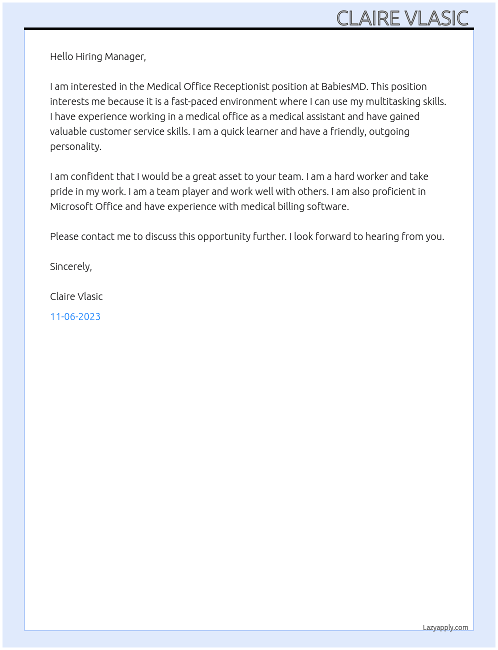 Medical Office Receptionist At BabiesMD Cover Letter