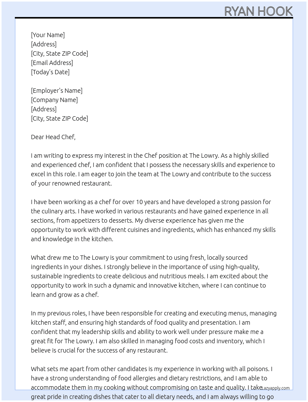 Chef  At The Lowry  Cover Letter