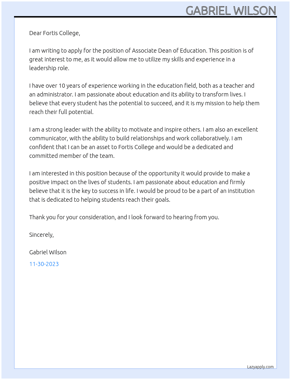 Associate Dean Of Education At Fortis College Cover Letter