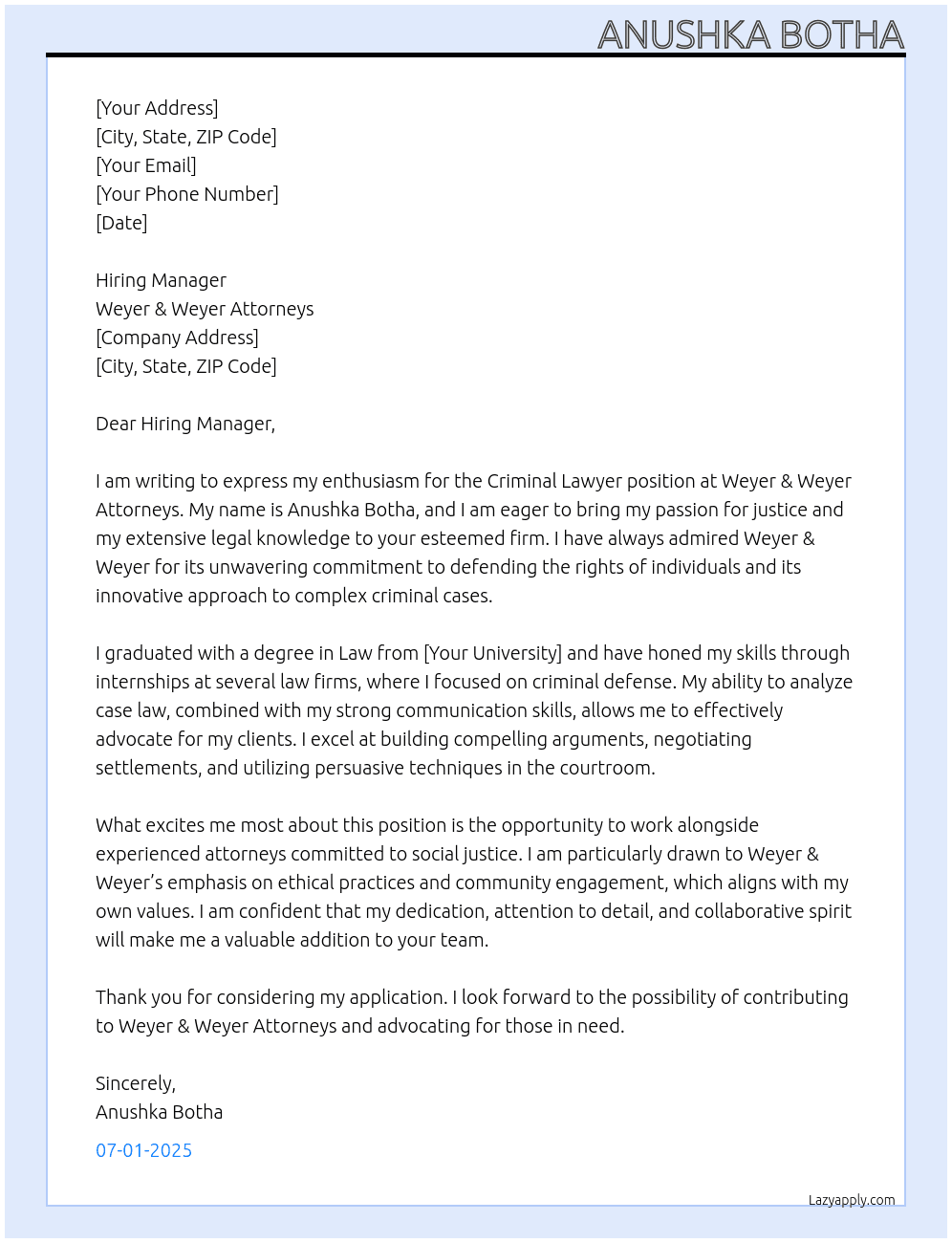 Cover letter for criminal lawyer - LazyApply