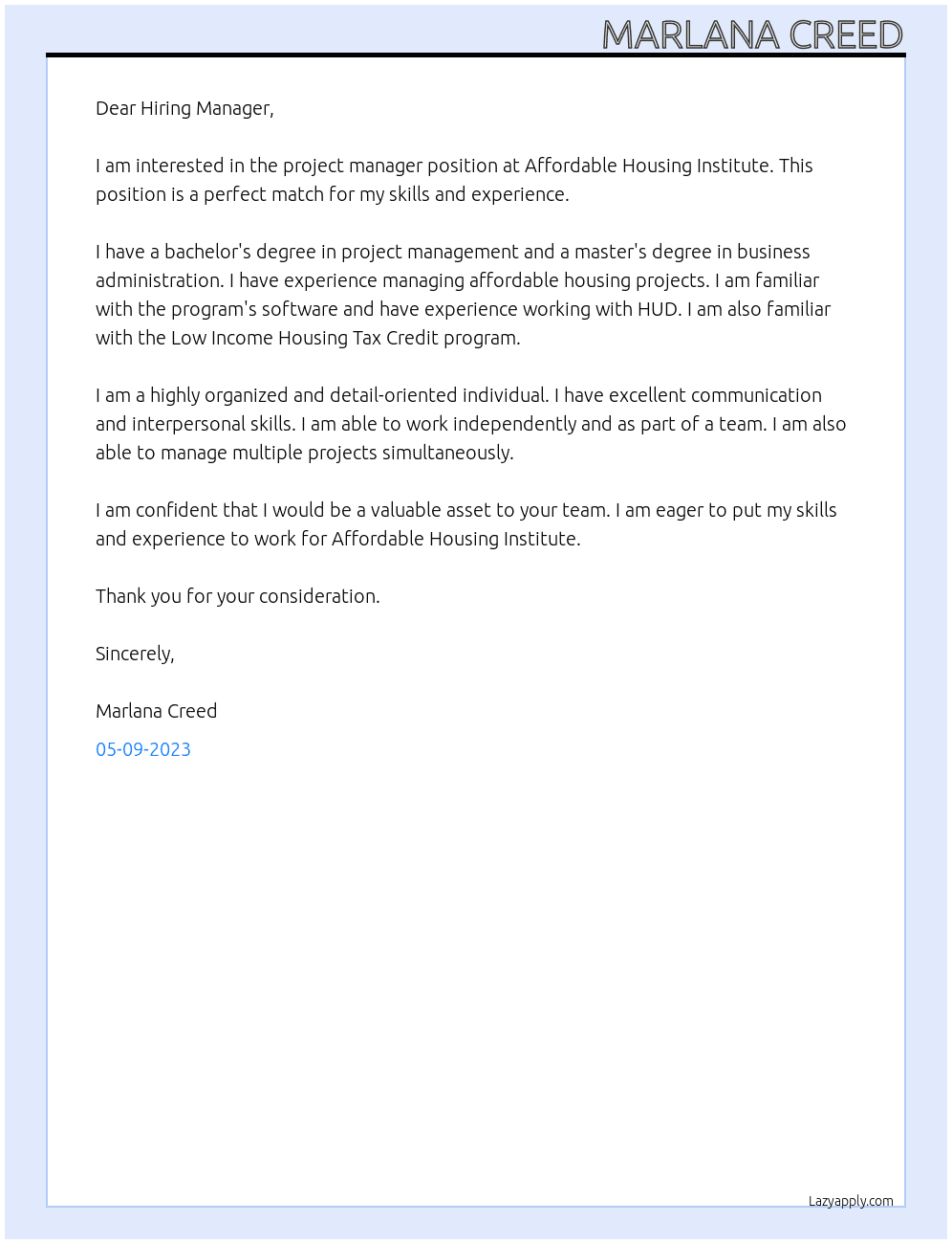 project manager At Affordable Housing Institute Cover Letter
