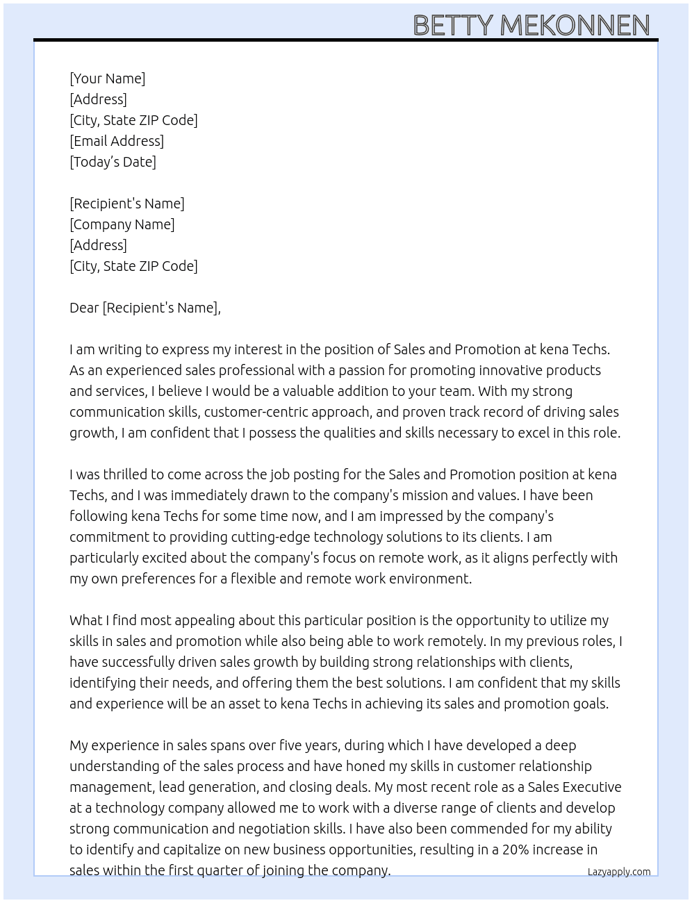 sales and promotion  At kena Techs  Cover Letter
