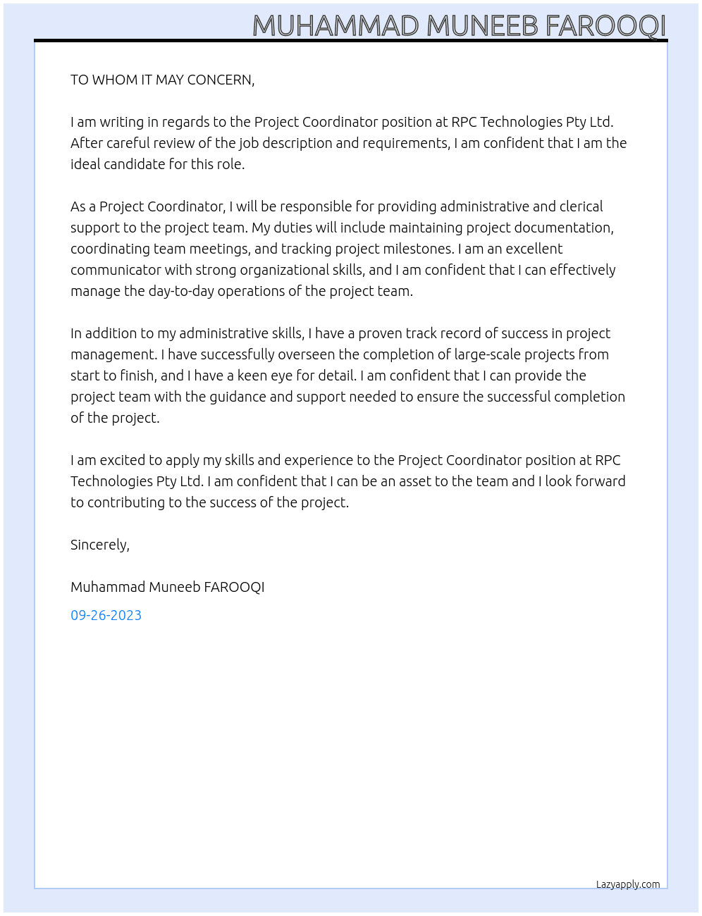 Project coordinator  At RPC technologies Pty Ltd. Cover Letter
