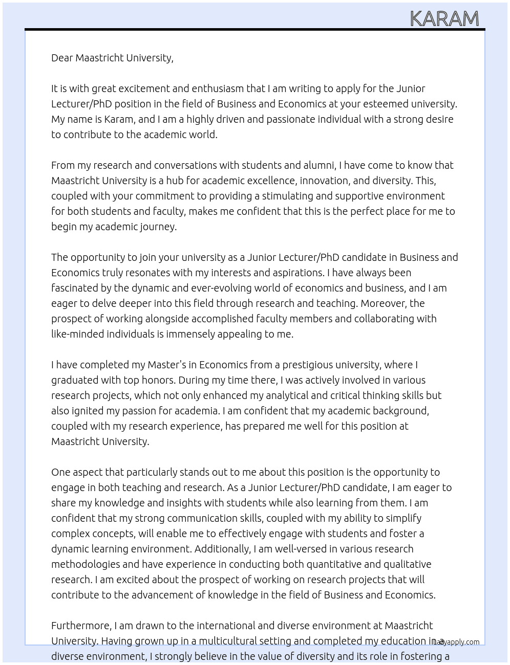 Junior lecturer / PhD position in the field Business and Economics  At Maastricht University Cover Letter