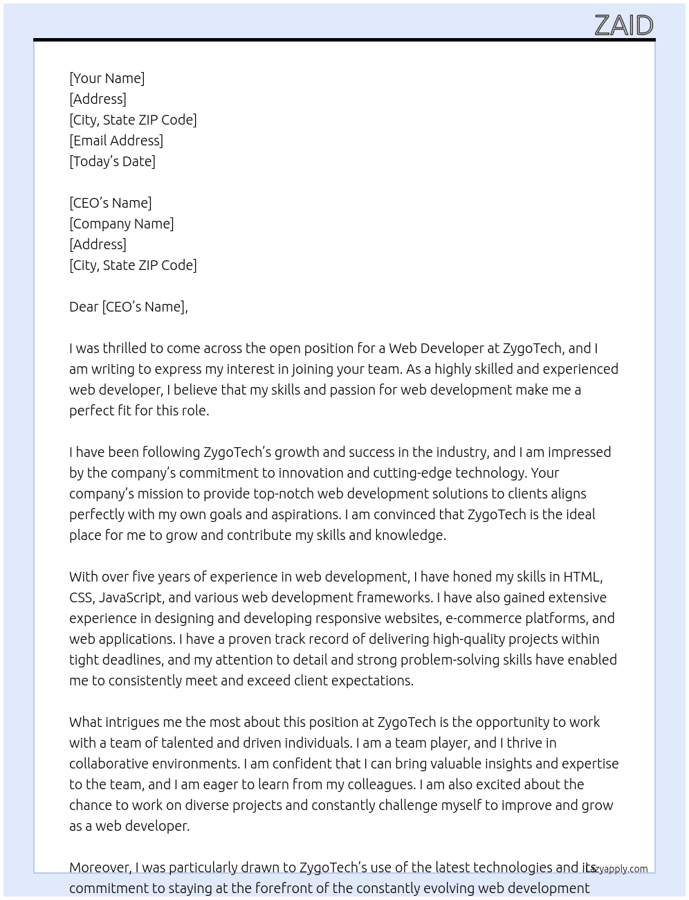 Web development  At ZygoTech  Cover Letter
