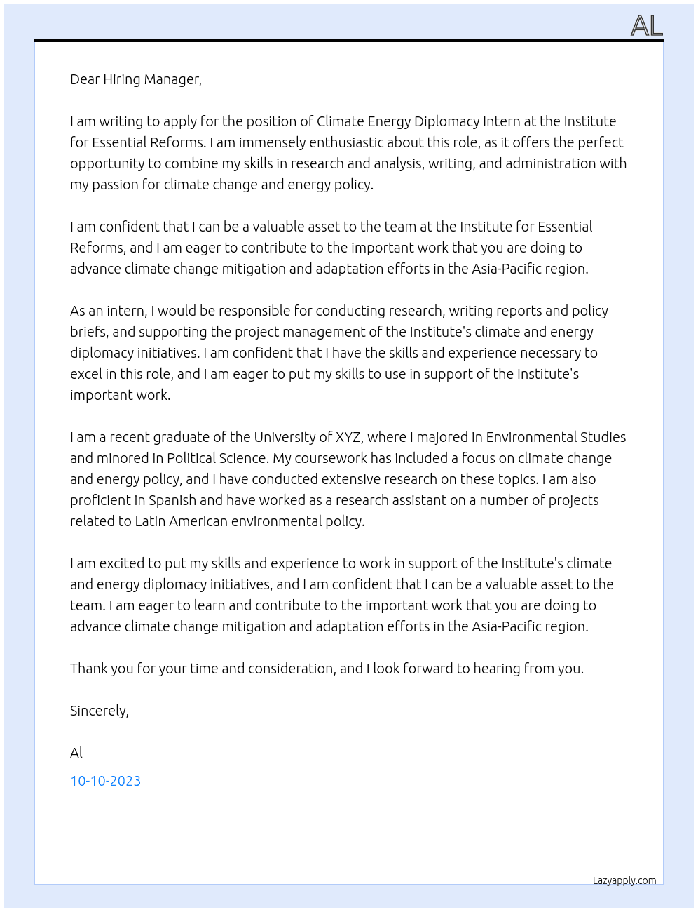 Climate Energy Diplomacy Intern At Institute for Essential Reforms Cover Letter