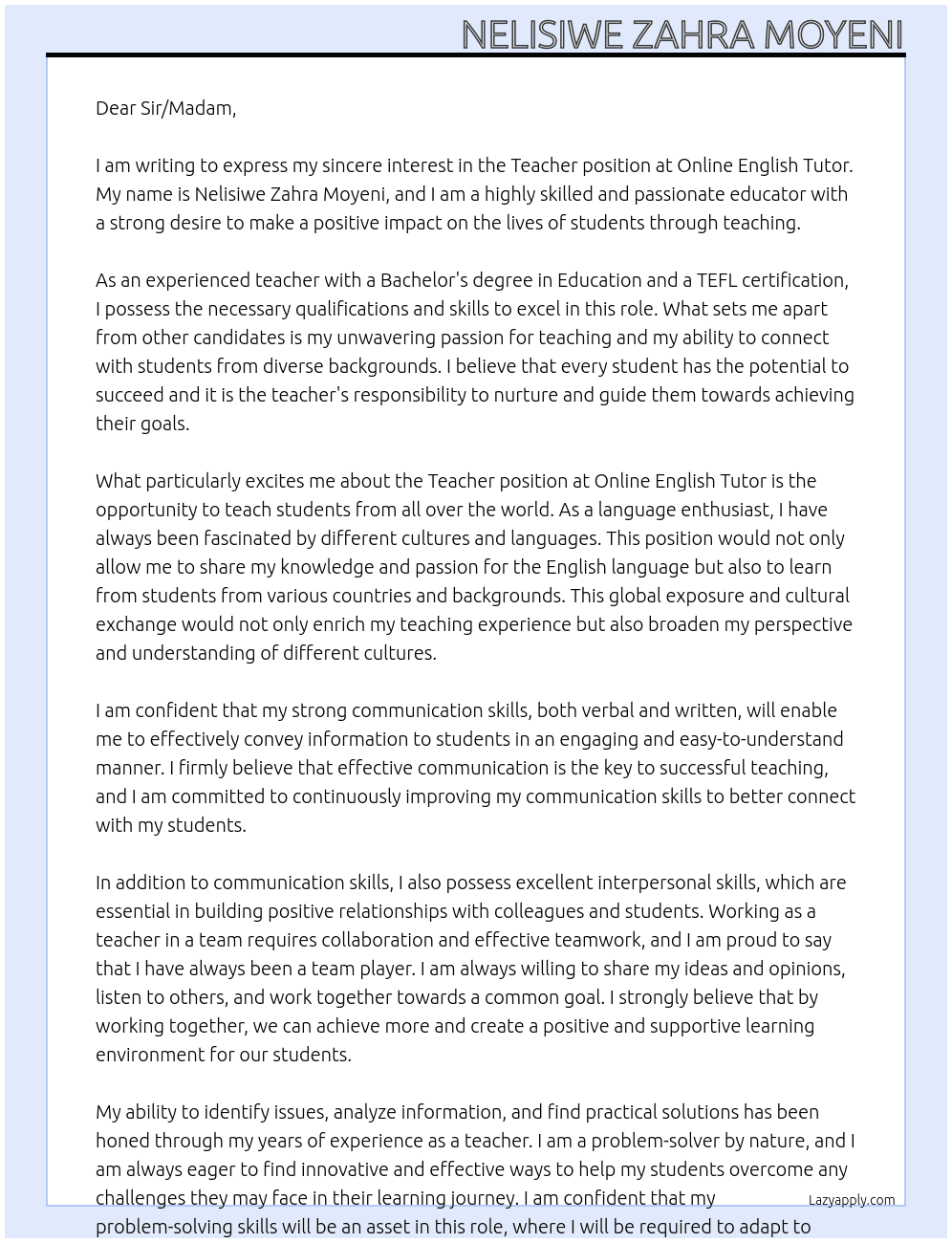 Teacher At Online English Tutor Cover Letter