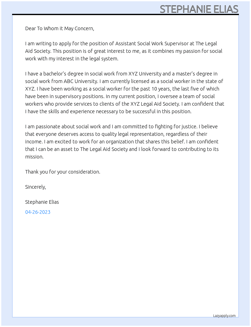 Assistant Social Work Supervisor At The Legal Aid Society Cover Letter