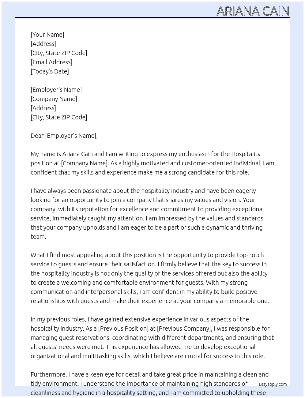Hospitality At ... Cover Letter