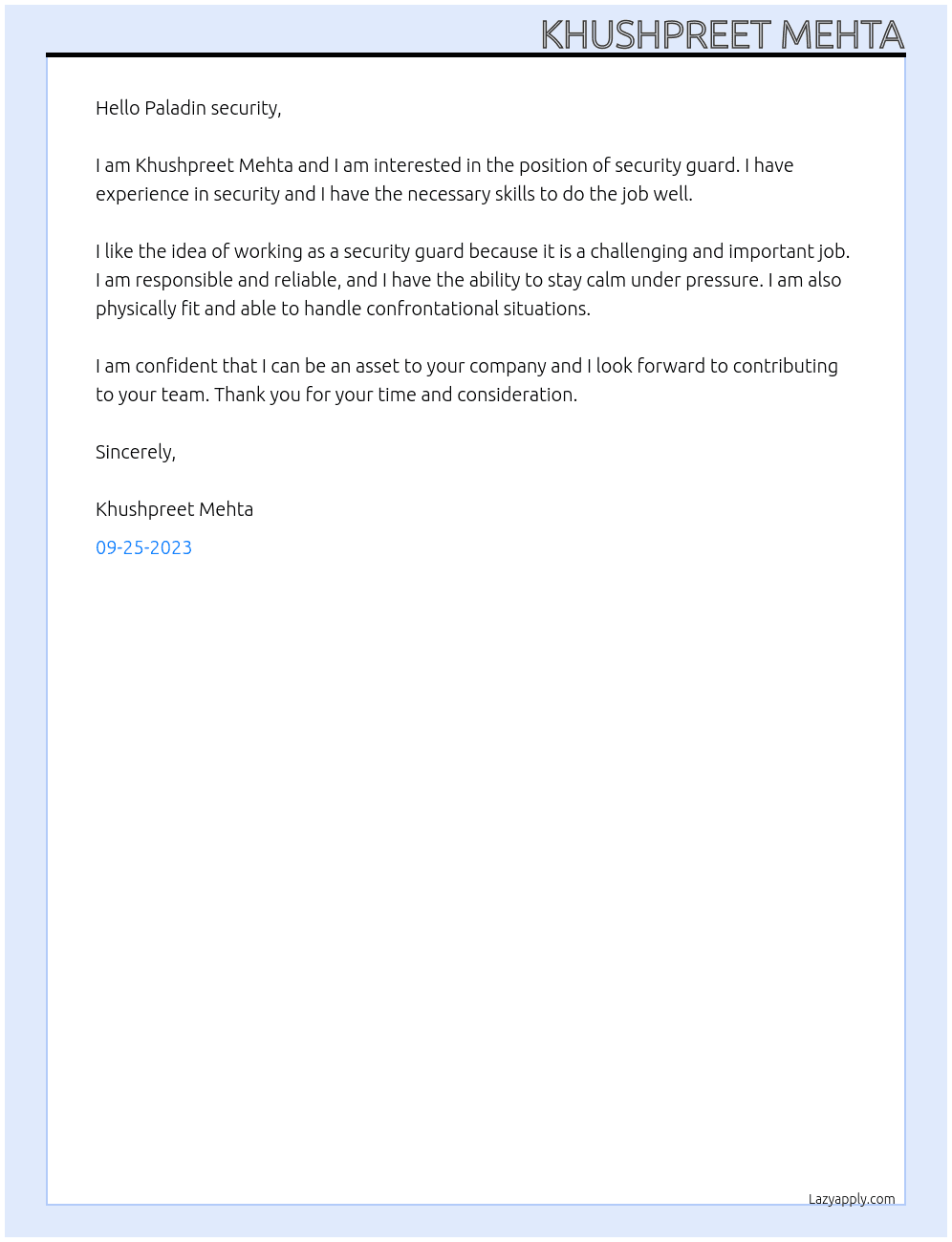 Security Guard  At Paladin security  Cover Letter