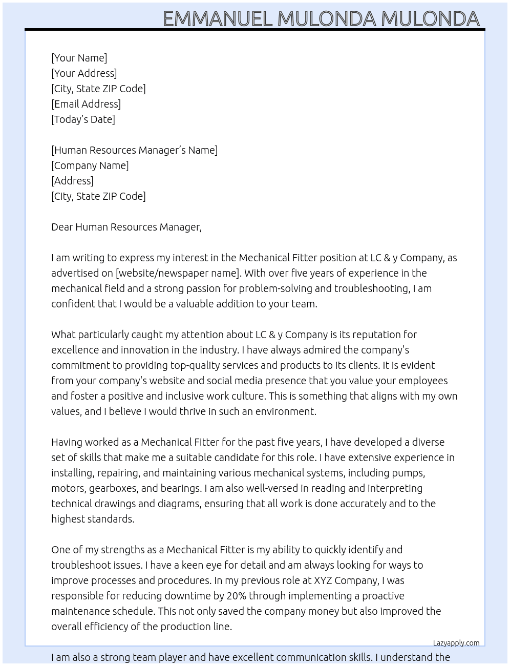 Mechanical fitter  At LC & y company  Cover Letter