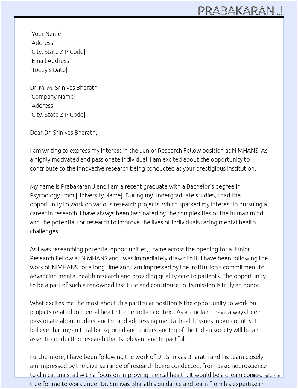 Junior Research Fellow At NIMHANS Cover Letter