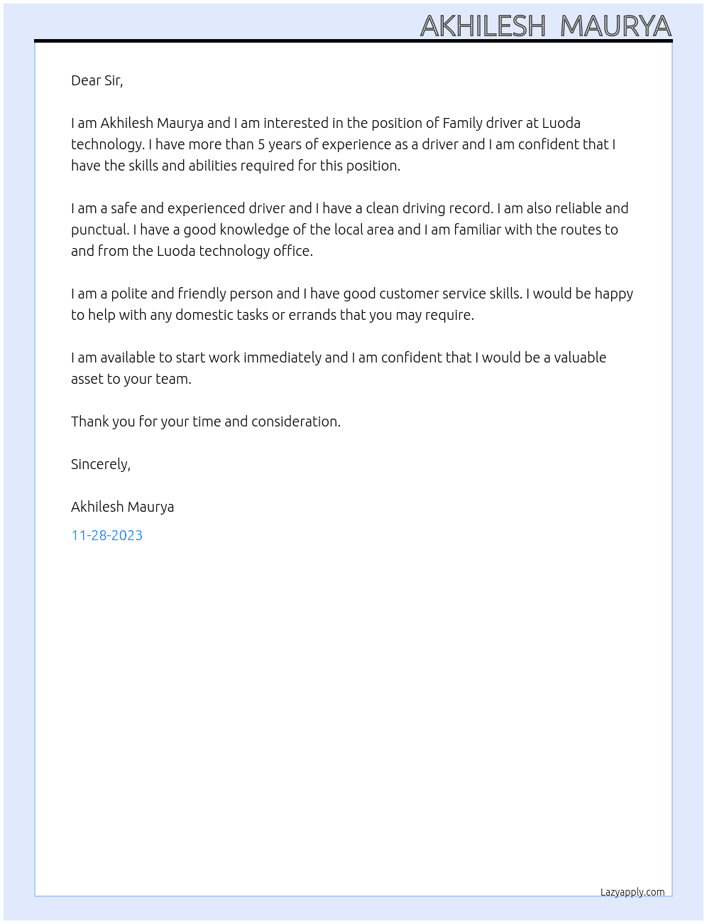 Family driver  At Luoda technology  Cover Letter