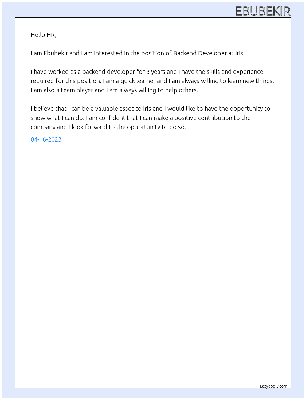 Backend Developer At Iris Cover Letter