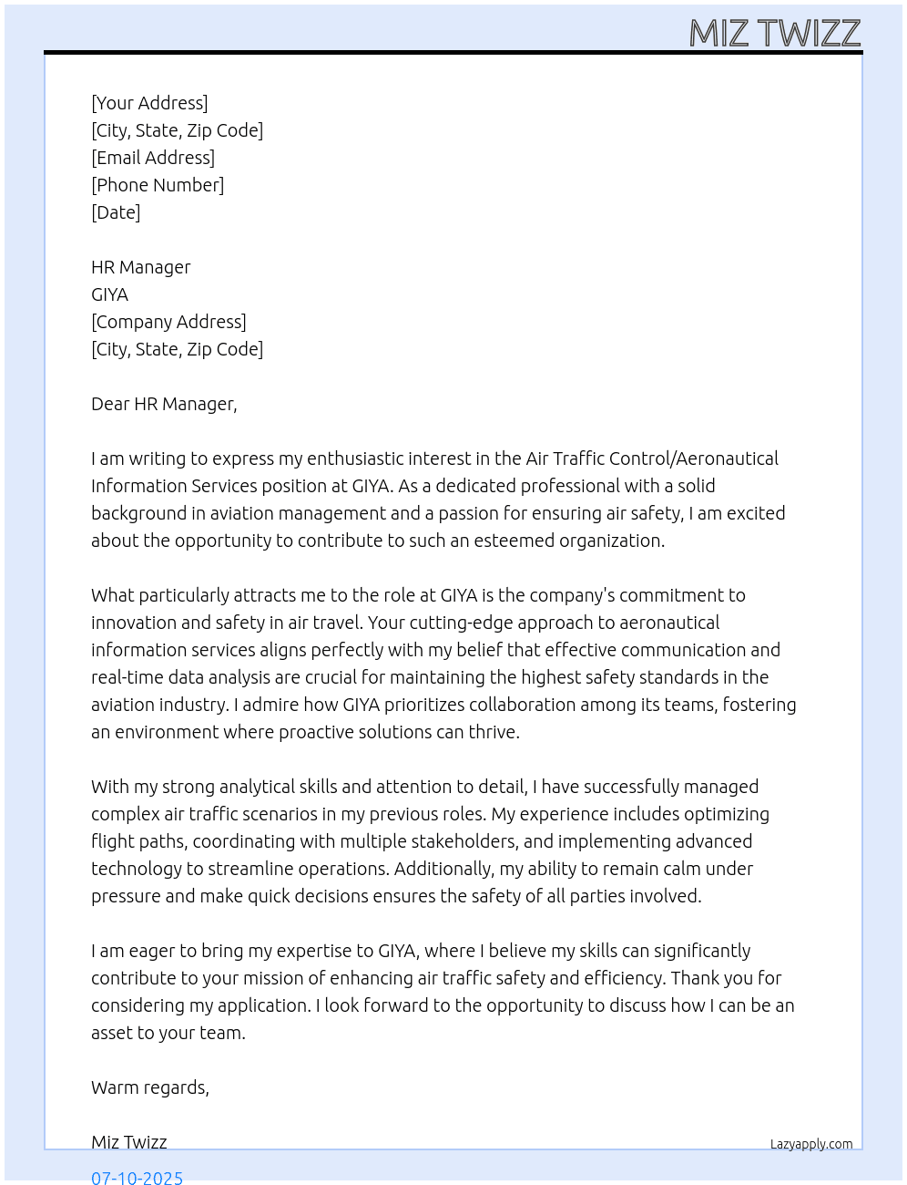 Air Traffic Control/Aeronautical Information Services At GIYA Cover Letter