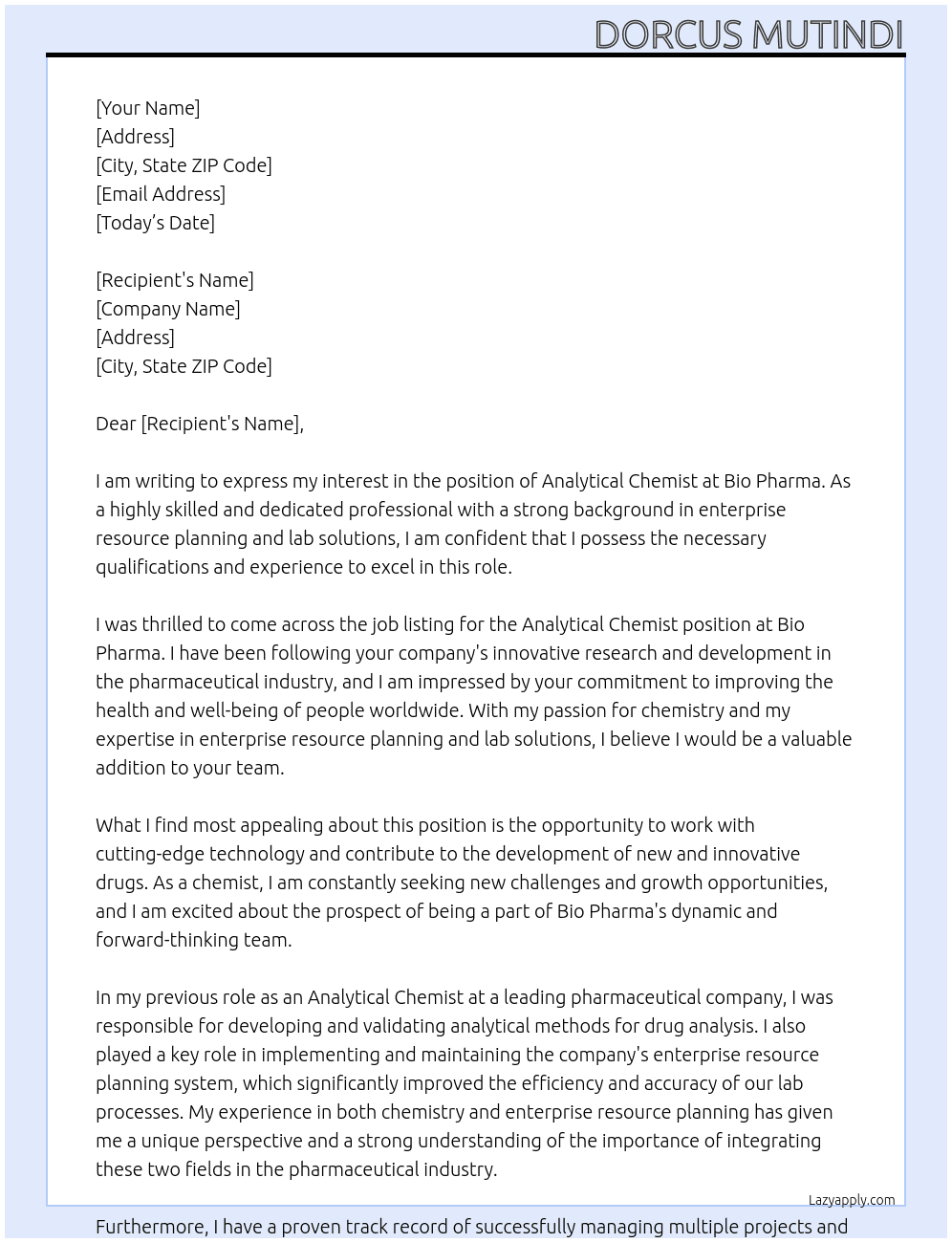 analytical chemist At Bio Pharma Cover Letter