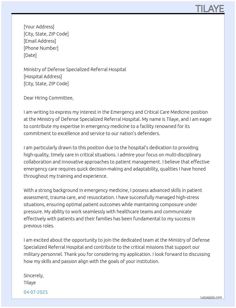 Emergency and critical care medicine  At Tadesse Cover Letter