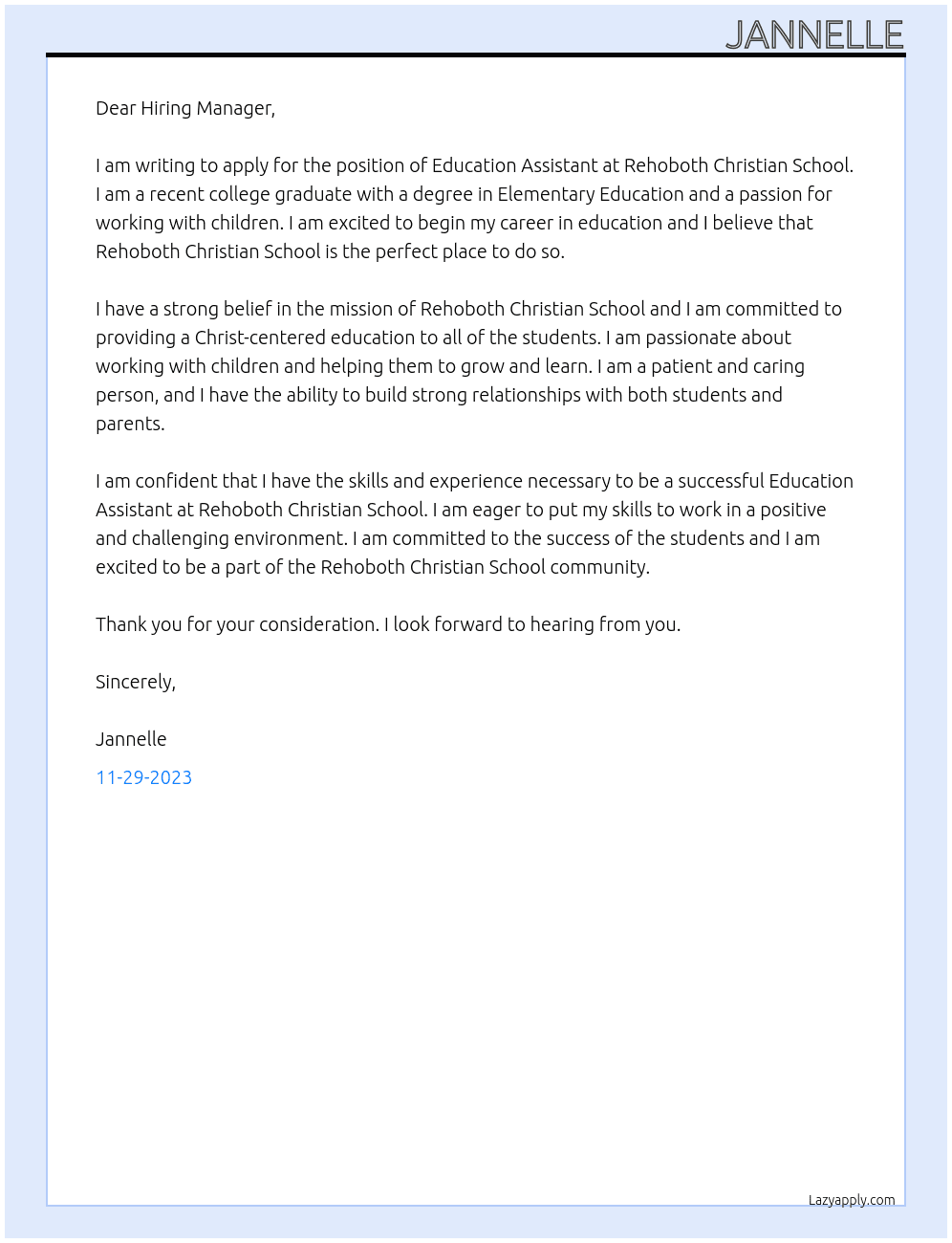 Education Assistant At Rehoboth Christian School Cover Letter