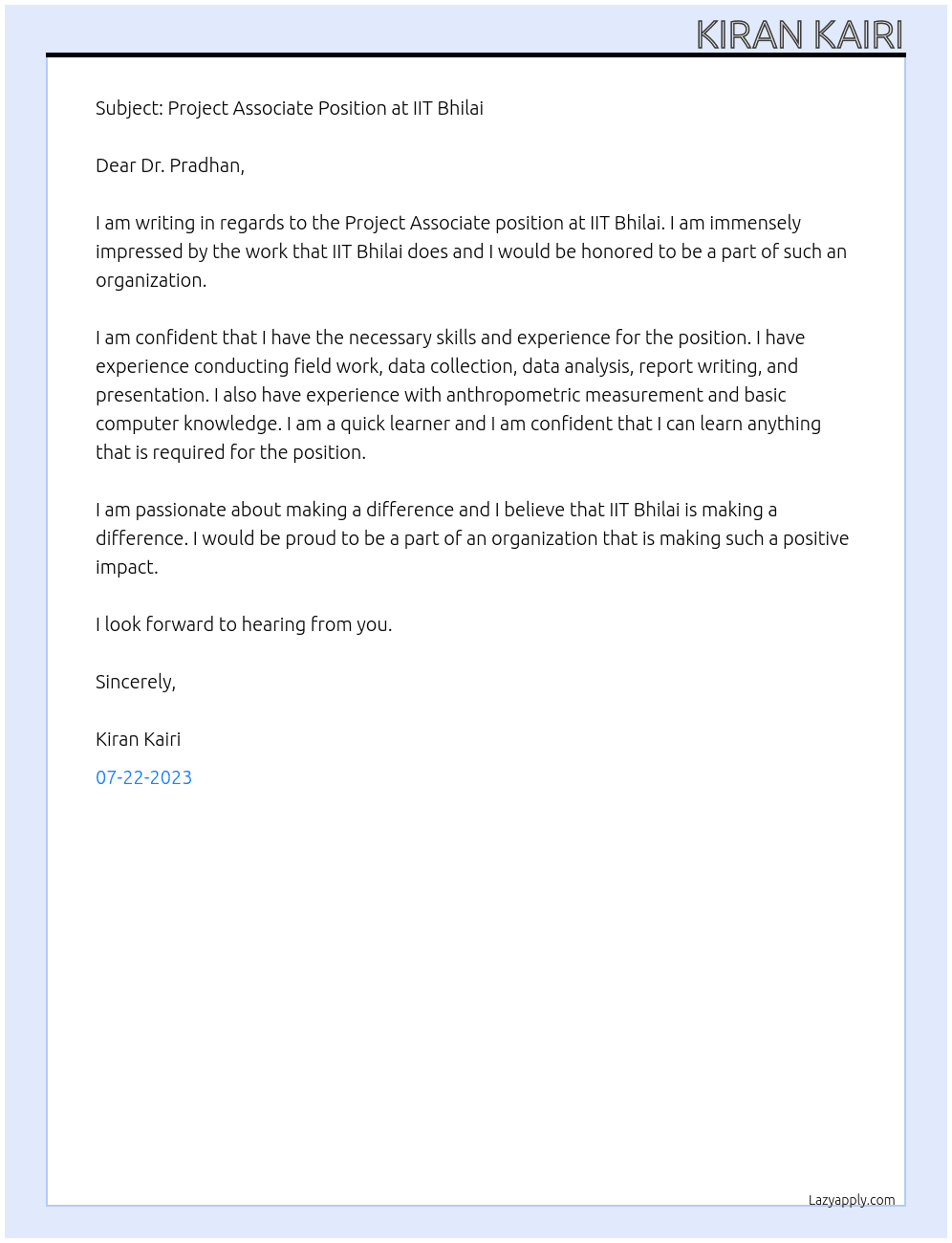 project associate At iitbhilai Cover Letter